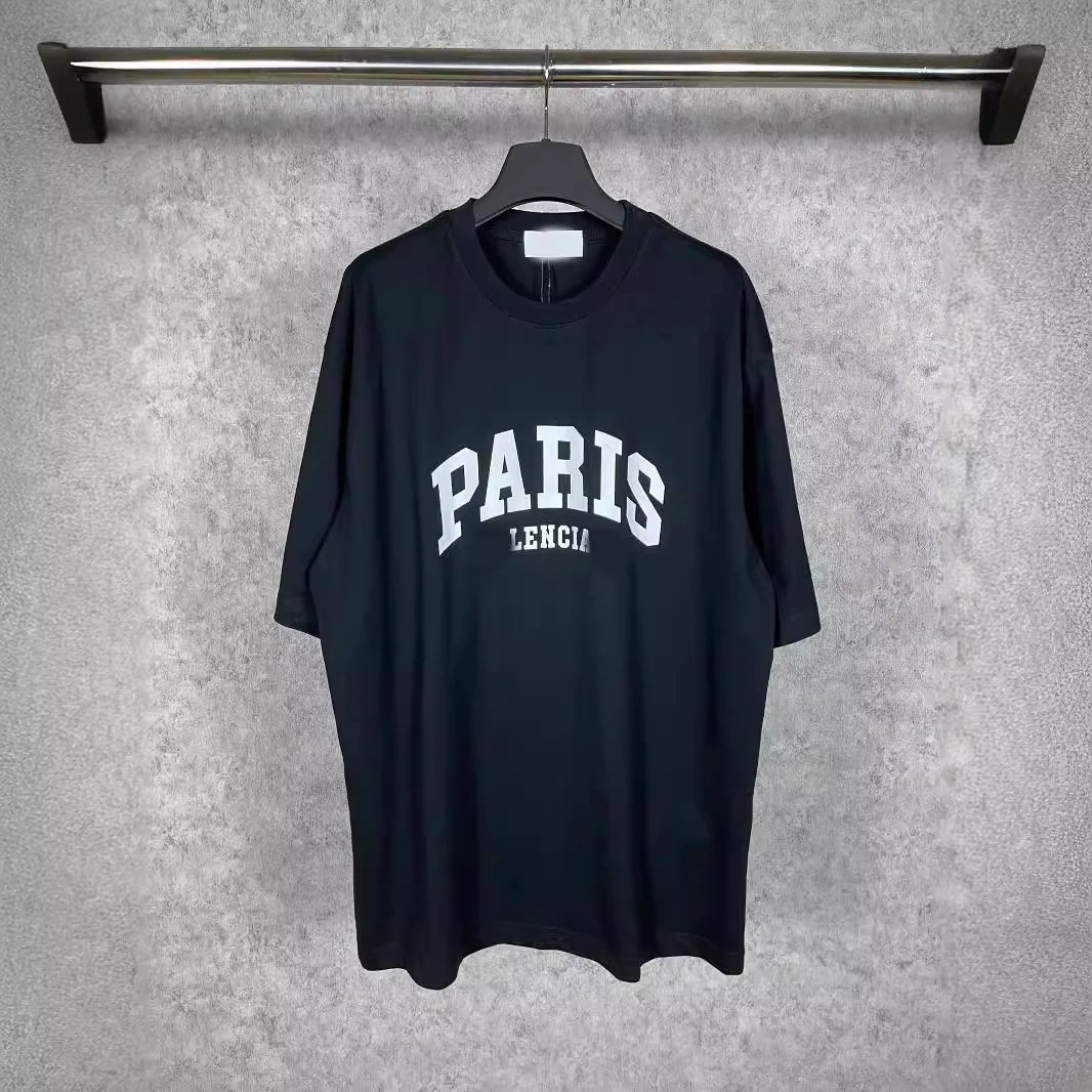 2023 Balenciaga PARIS Print Short Sleeve Pure Cotton T-shirt Unisex Couples Trendy Loose Versatile