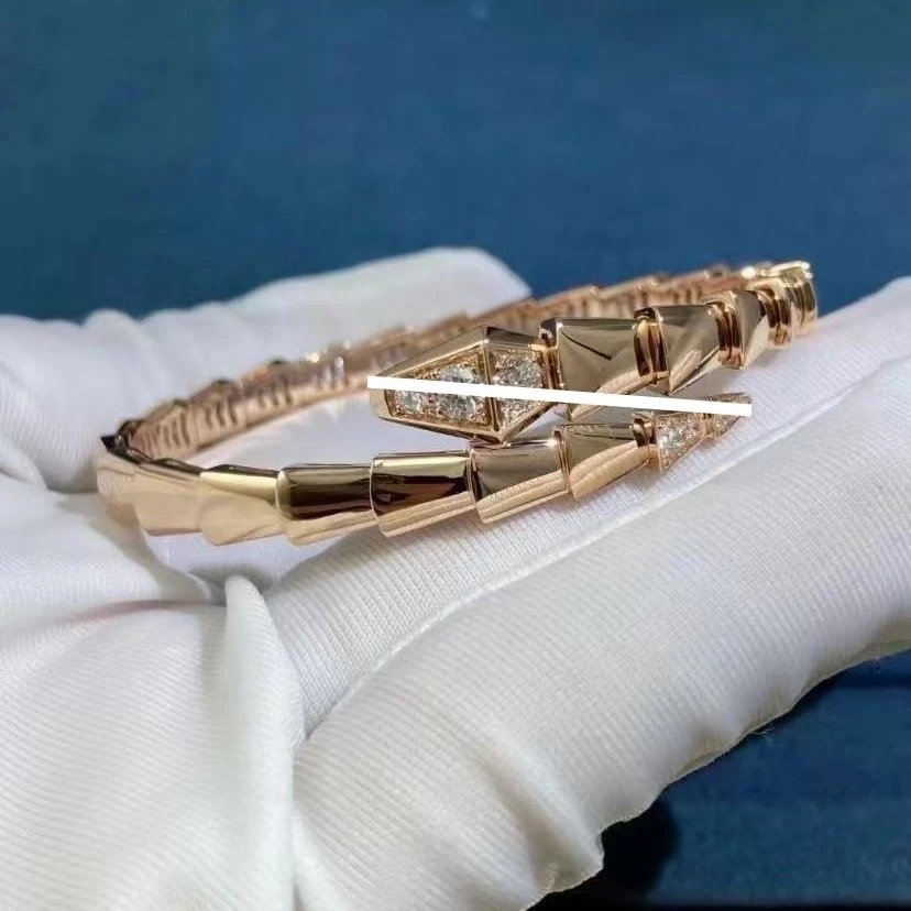 Bulgari Rose Gold New Full Diamond White Mother-of-Pearl Serpent Bracelet, Head-Tail Diamond Polished Snake Cuff for Bestie Fashion
