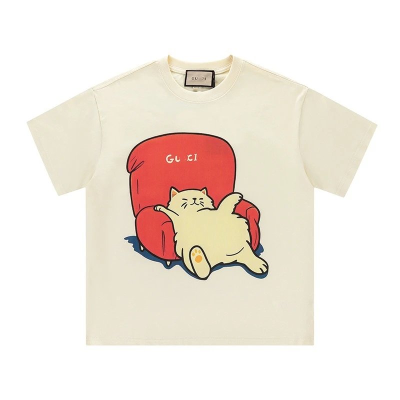 New Gucci Cartoon Series Kitten Print Minimalist Solid Color Short Sleeve T-shirt Top Unisex -