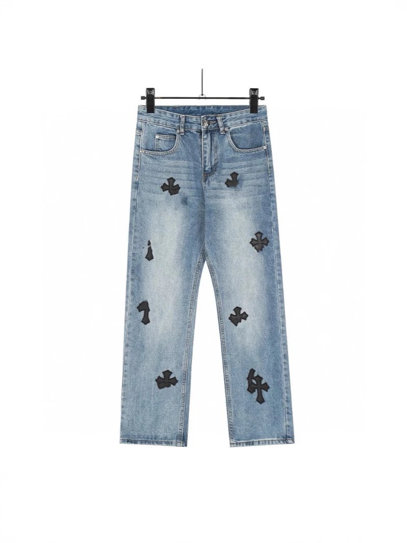 Chrome Hearts Classic Blue Pants Black Cross Patch Jeans Loose Casual