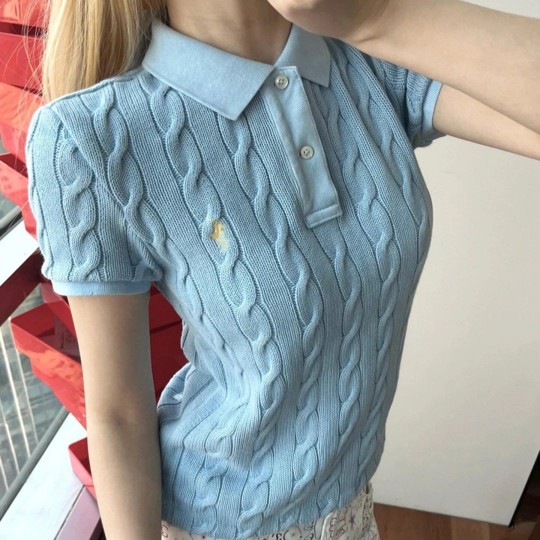 2025 New RL Ralph Lauren Pony Embroidery Cable Knit Cardigan Short Sleeve POLO Shirt Women's