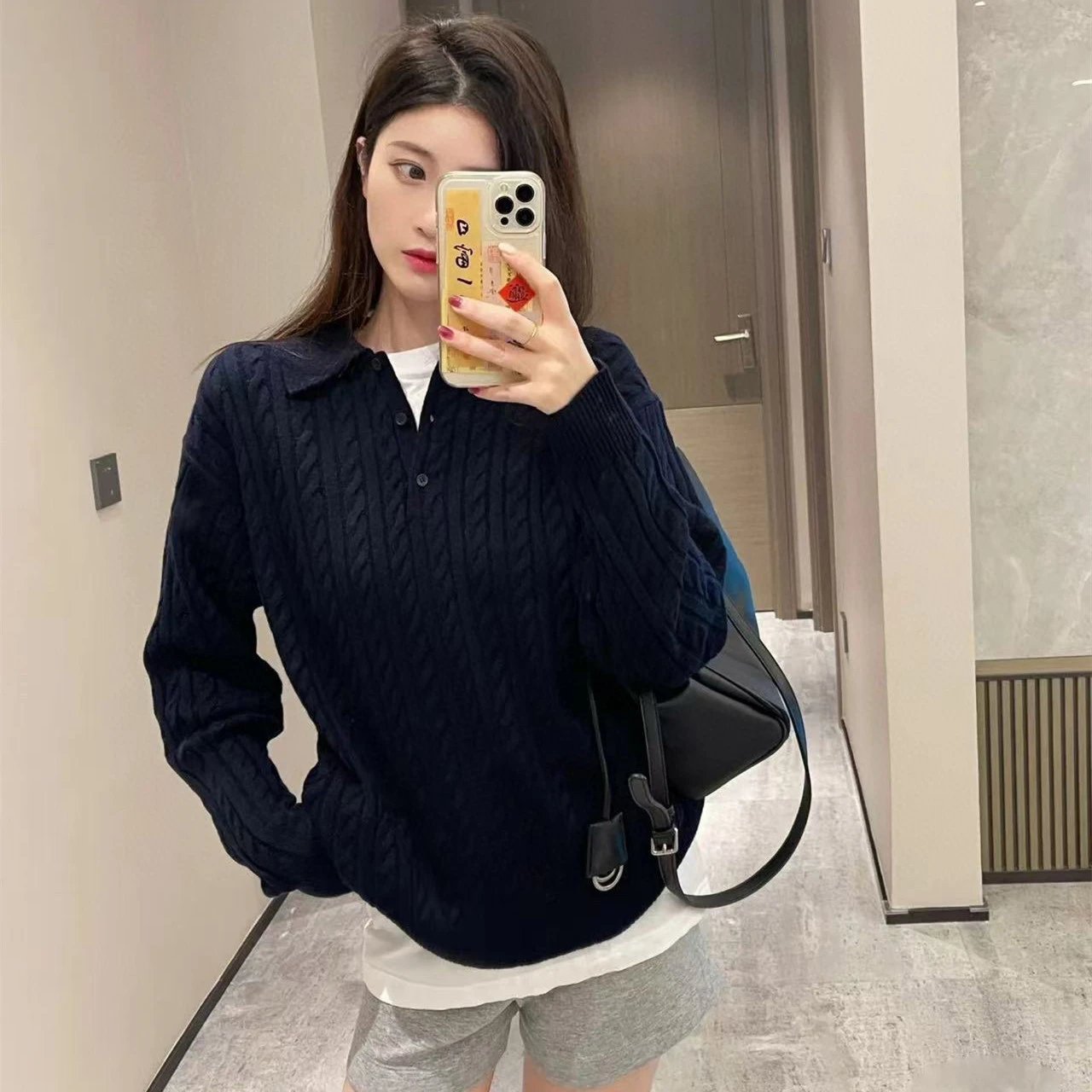 Miu Miu style cashmere POLO shirt pullover cable knit sweater men's and women's