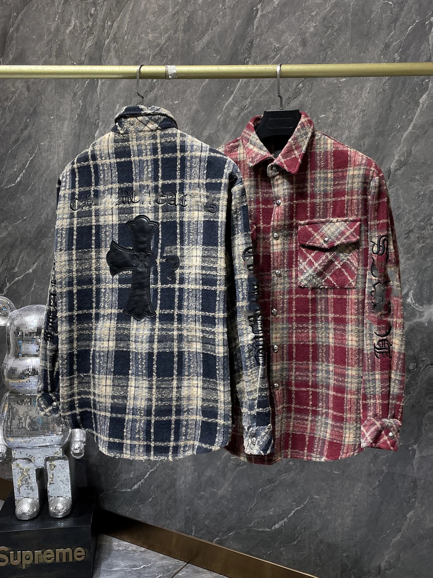 Chrome Hearts embroidery Sanskrit embroidery leather patch cross tweed shirt back letter embroidery logo leather patch outerwear men's and women's