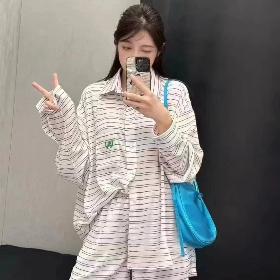 Balenciaga Wheat Ear Double B Embroidery Blue White Stripe Chiffon Casual Sport Shirt Blouse Short Sleeve