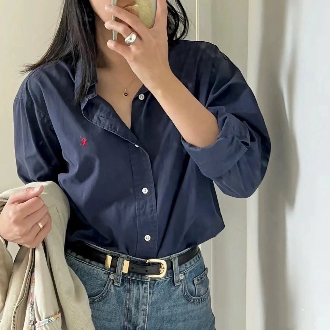 New RL Pony Embroidery Oxford Cloth Button Lapel Classic Long Sleeve Casual Shirt Cardigan