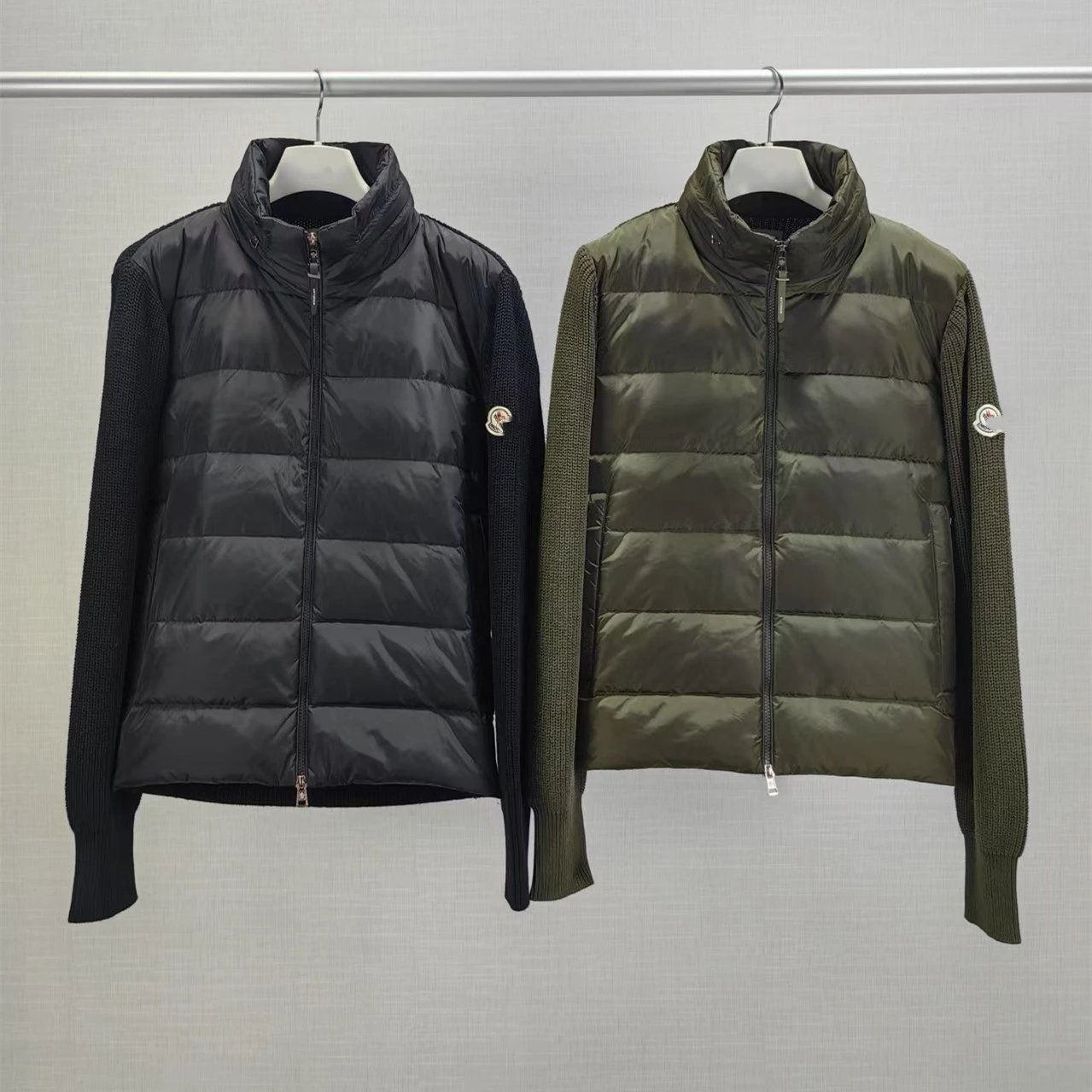 Moncler Classic Logo Embroidered Knit Sleeve 90% Duck Down Stand Collar Jacket for Men and Women