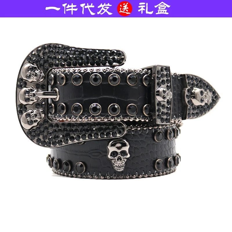 Rhinestone Belt Waist Seal Black and Red Inset Punk Product Crocodile Pattern for Men and Women