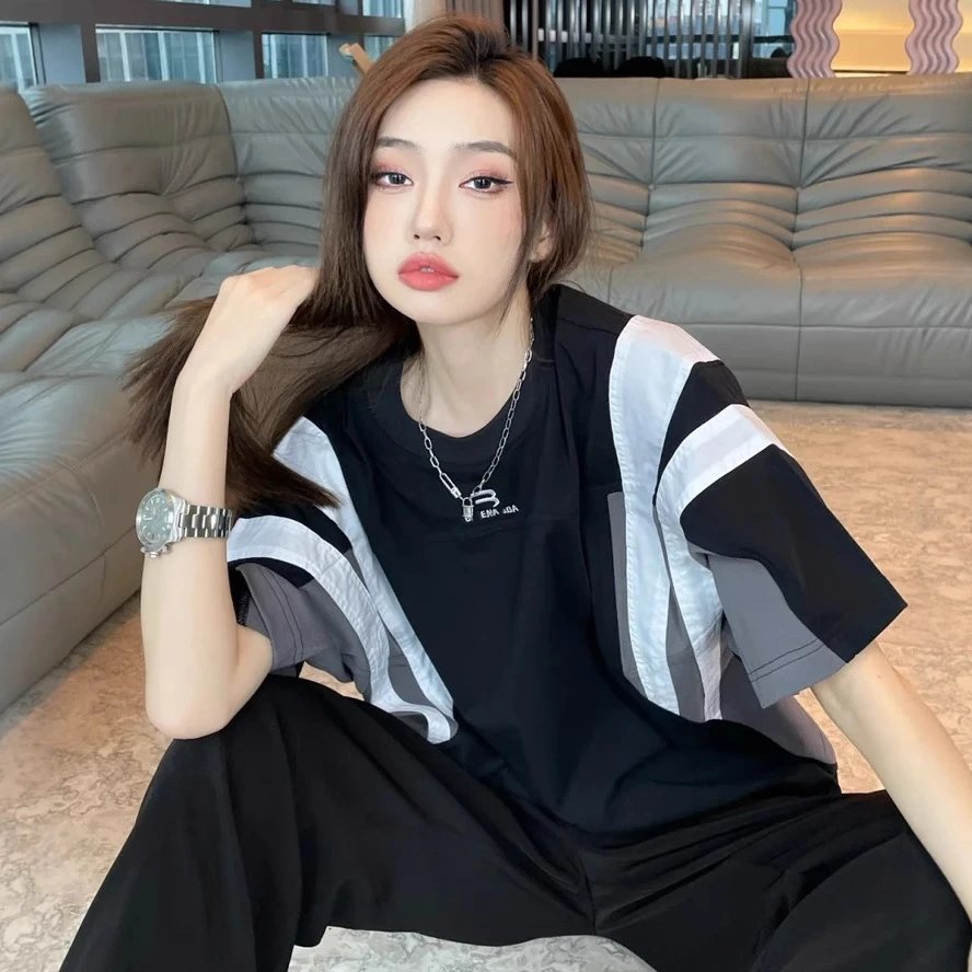 Balenciaga Internet Famous Double Hook Embroidery Color Block Patchwork Loose Oversized Short Sleeve T-shirt Unisex