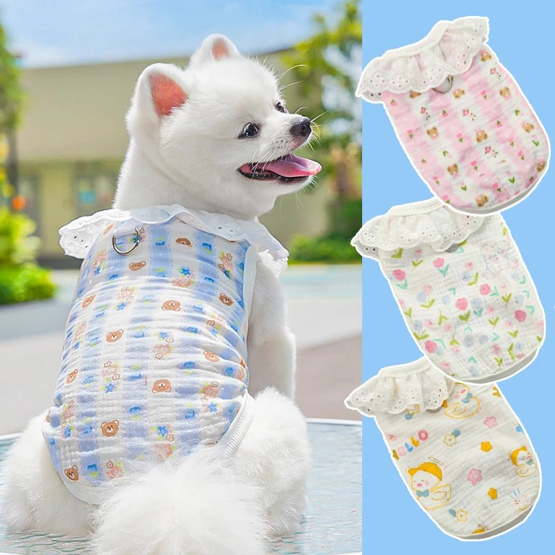 Pet Cotton Gauze Breathable Thin Dog Cat Pet Cat Clothing Dog Supplies Home Air Conditioning Suit Can Be Worn with Leash