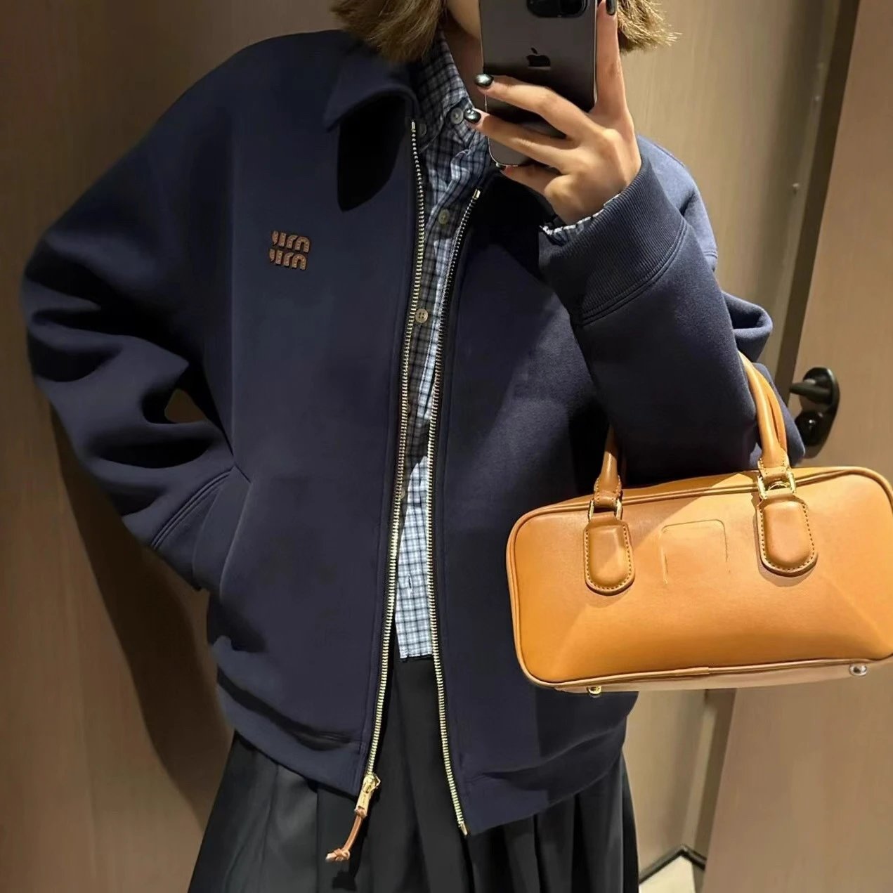 Miu Miu style logo LOGO leather tag navy blue space cotton collar jacket outerwear men's and women's