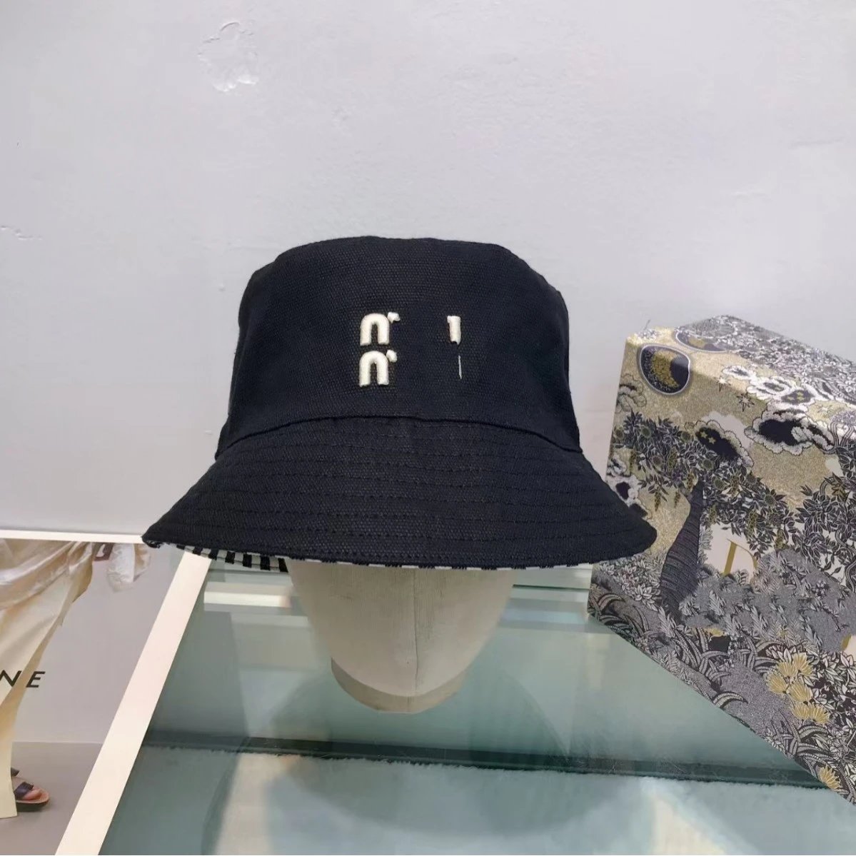 Miu Miu Stripe Embroidered Letter Bucket Hat Double Sided Spring Summer Sun Bowl Hat
