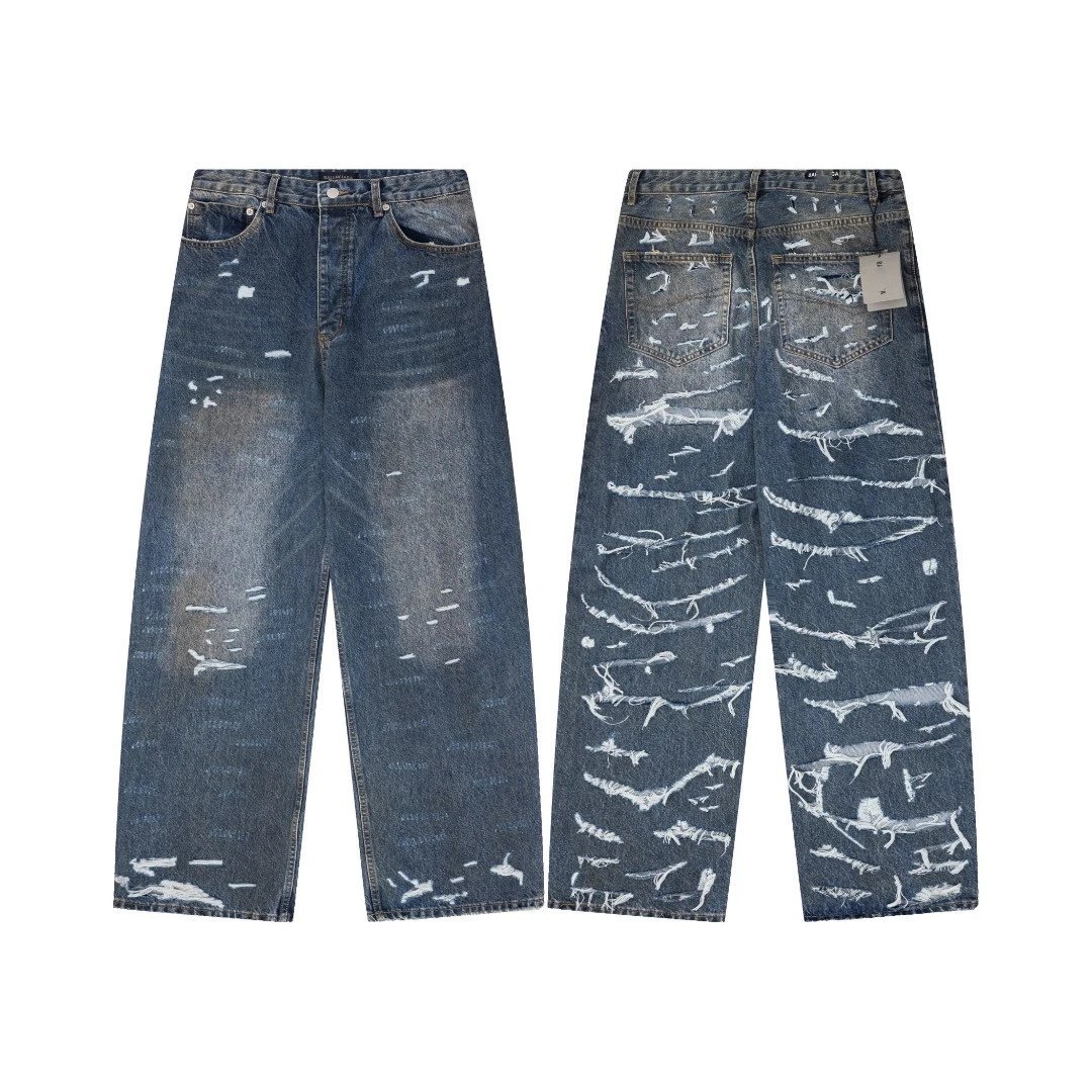 2025 New Balenciaga Blue Destroyed Denim Jeans Unisex