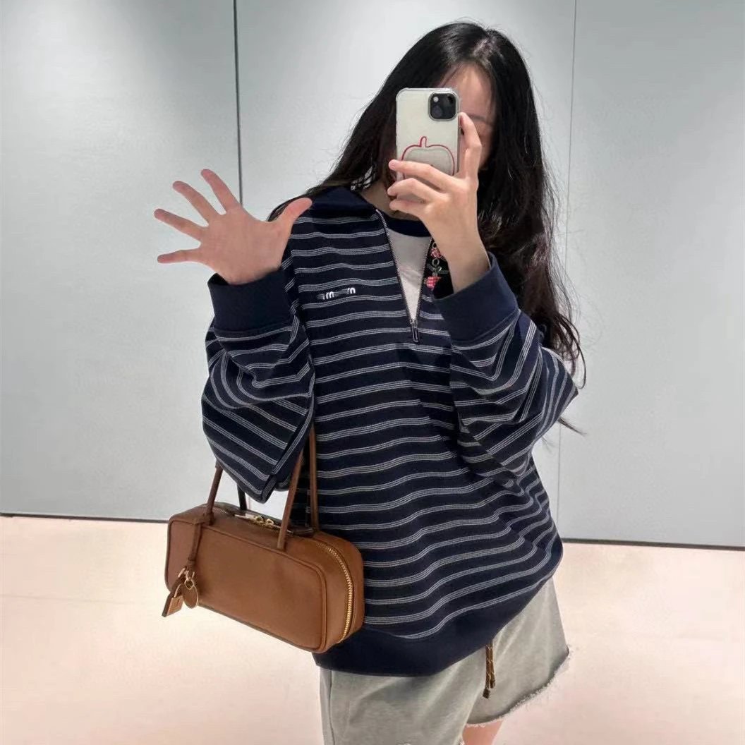 2025 New Miu Miu Internet Famous Academy Stripe Lapel Long Sleeve Polo Shirt