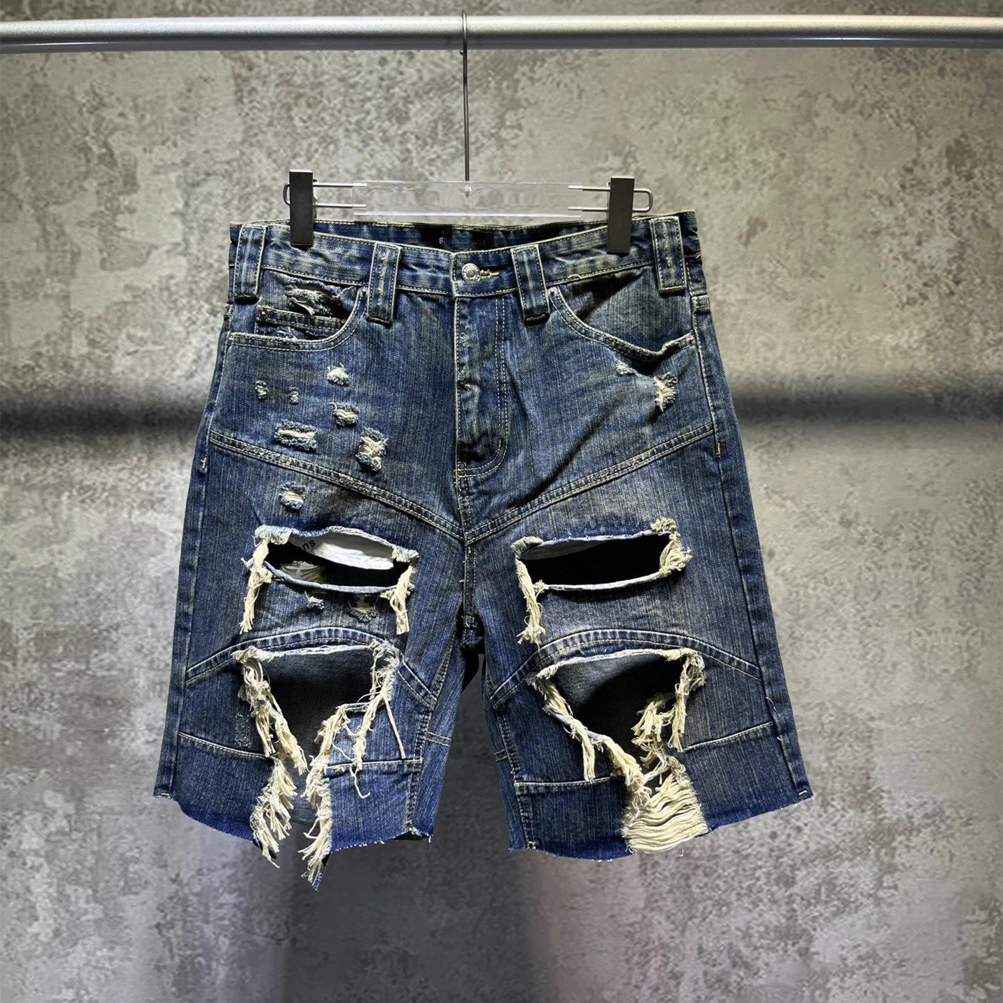 2025 New Balenciaga Runway Style Worn Ripped Loose Fit Denim Shorts Unisex